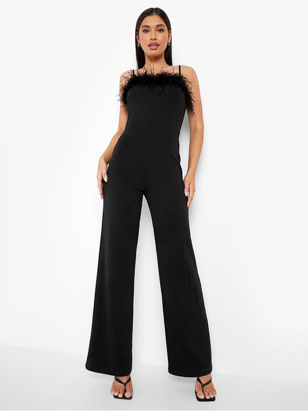 BooHoo Black Feather Strappy Wide Leg Jumpsuit